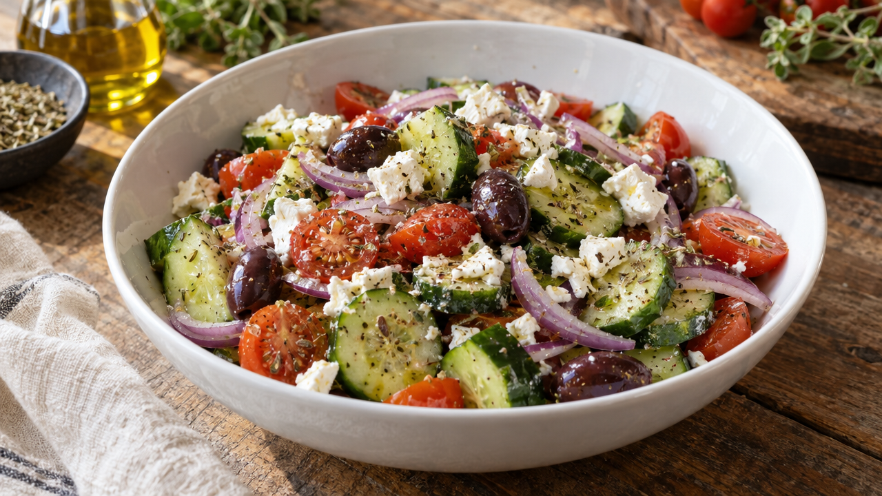 Mediterranean cucumber salad with feta and olives