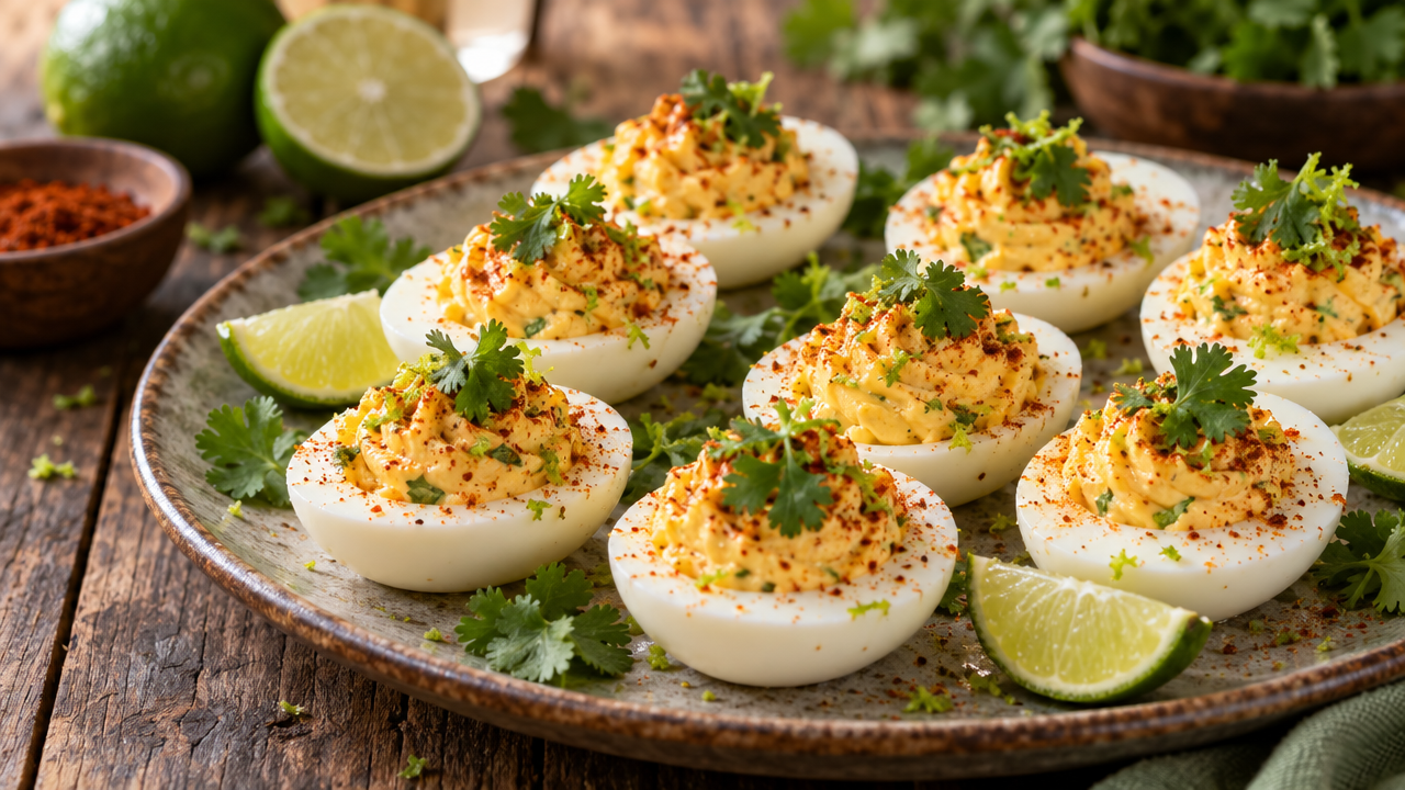 Mexican Deviled Eggs with Cilantro-Lime, plated and ready to serve