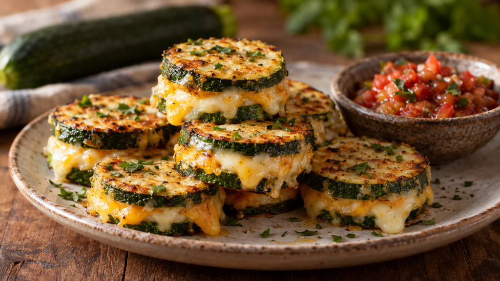 Mini Zucchini Quesadillas stacked with melted cheese and salsa
