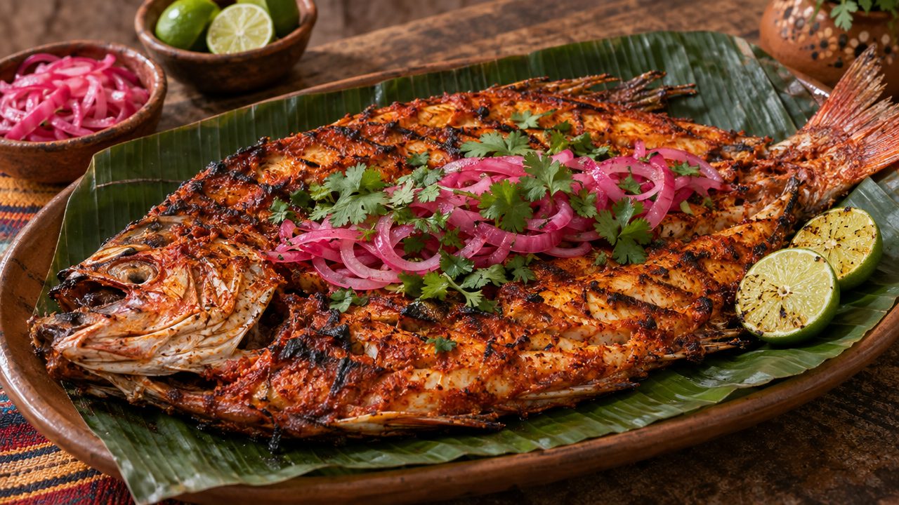 Achiote Butterflied Snapper, plated and ready to serve