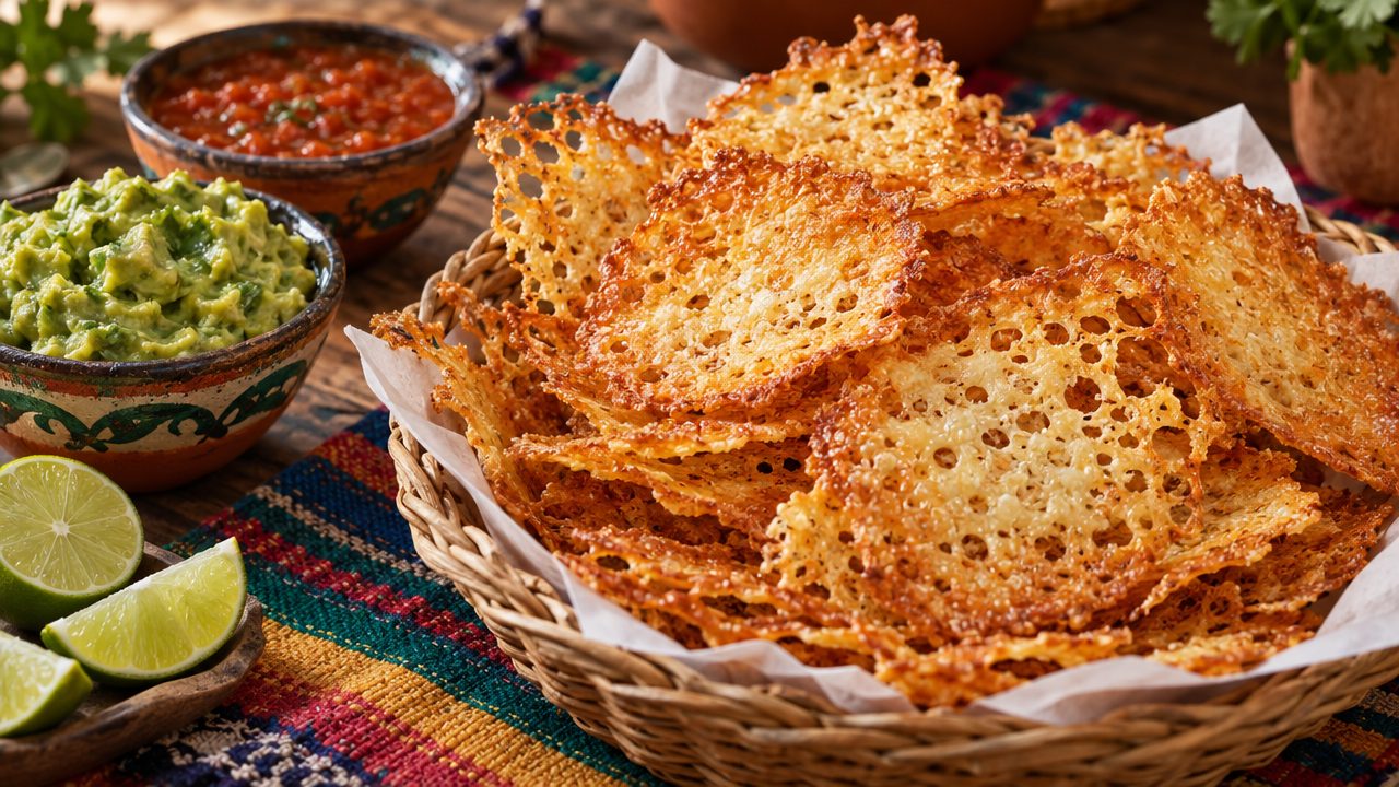Air-Fried Chicharrón de Queso Chips, plated and ready to serve