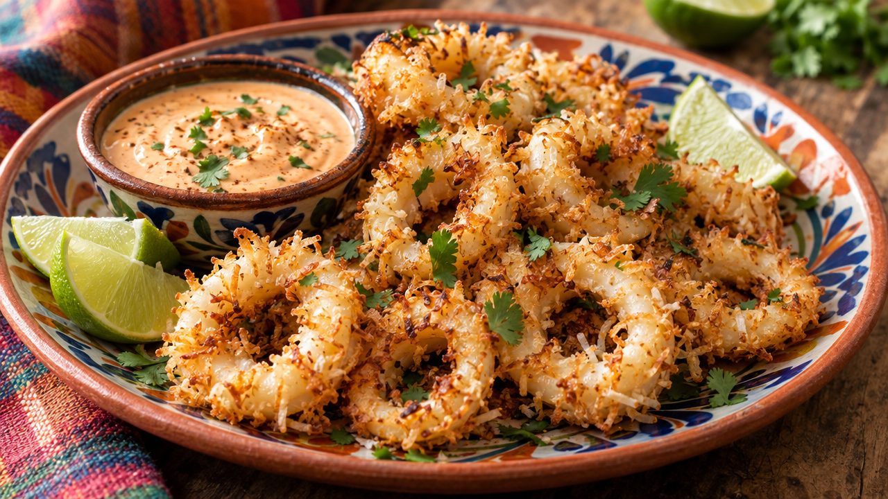 Air-Fried Coconut-Crusted Calamari Rings, plated and ready to serve
