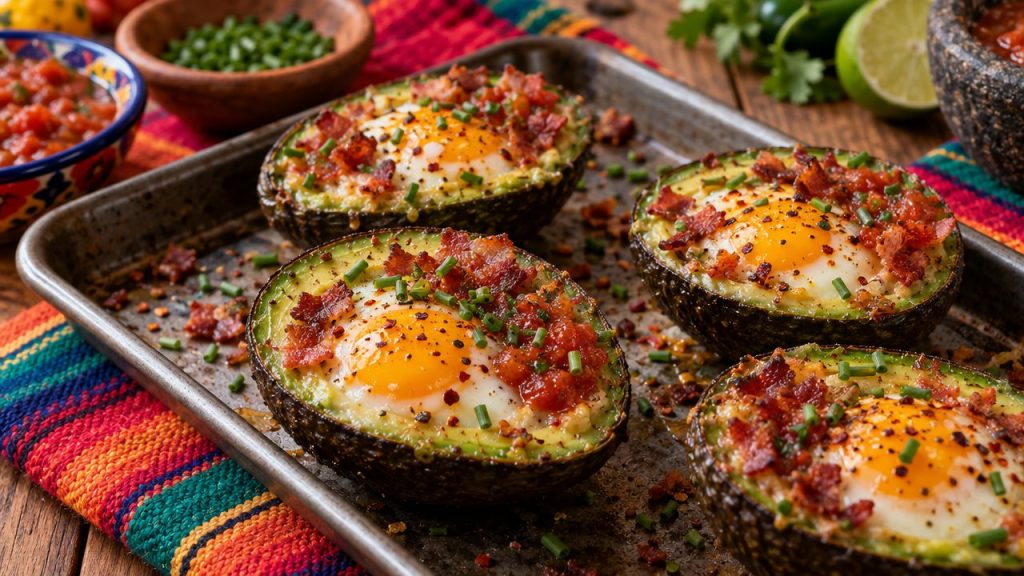Avocado-Bacon Egg Cups, plated and ready to serve