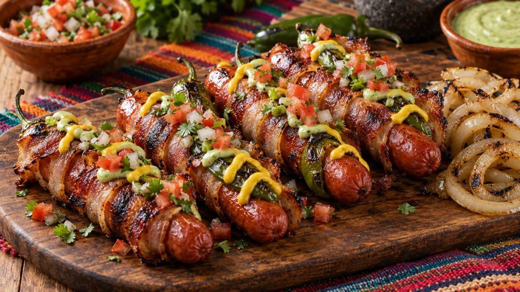 Bacon-Wrapped Jalapeño Hot Dogs, plated and ready to serve