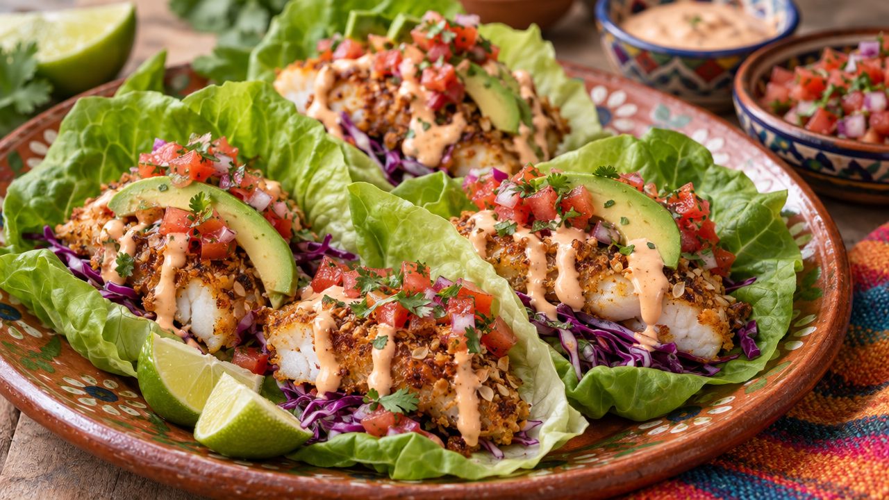 Baja Fish Lettuce Tacos, plated and ready to serve