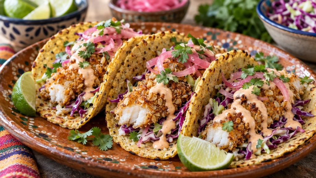 Baja Fish Tacos on Cauliflower Tortillas, plated and ready to serve