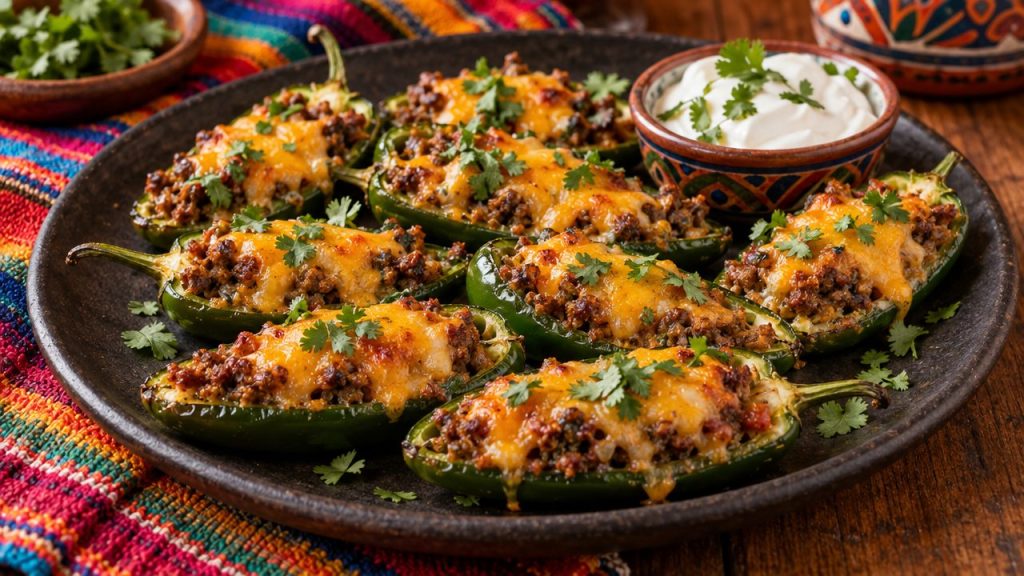 Beef & Cheese Stuffed Jalapeños, plated and ready to serve