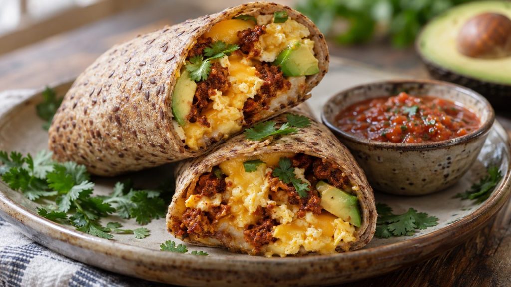 Breakfast Chorizo-Egg Flax Wraps, plated and ready to serve