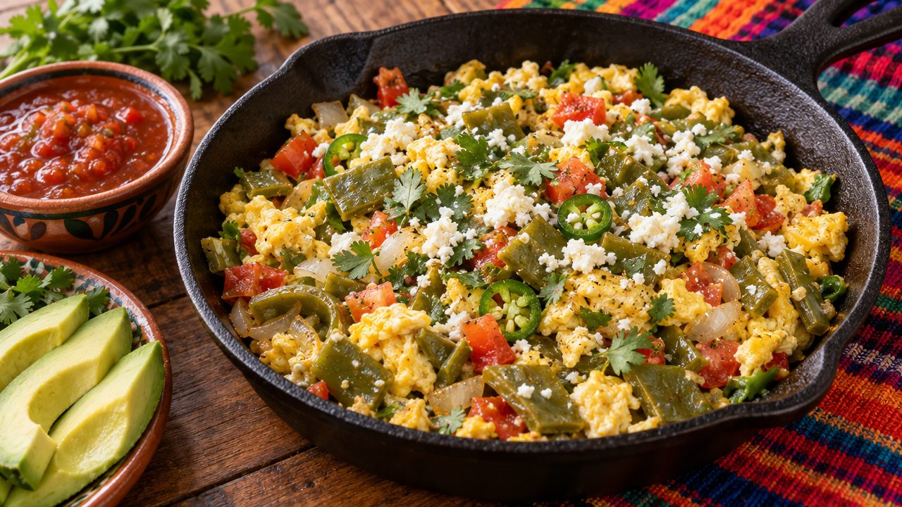 Cactus (Nopales) & Egg Scramble, plated and ready to serve