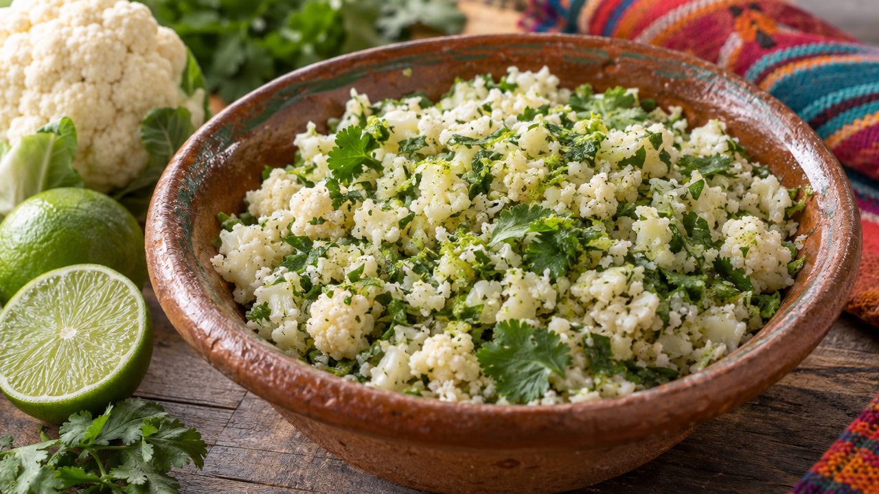 Cauliflower Cilantro “Rice”, plated and ready to serve