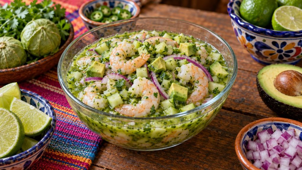 Ceviche Verde de Camarón, plated and ready to serve
