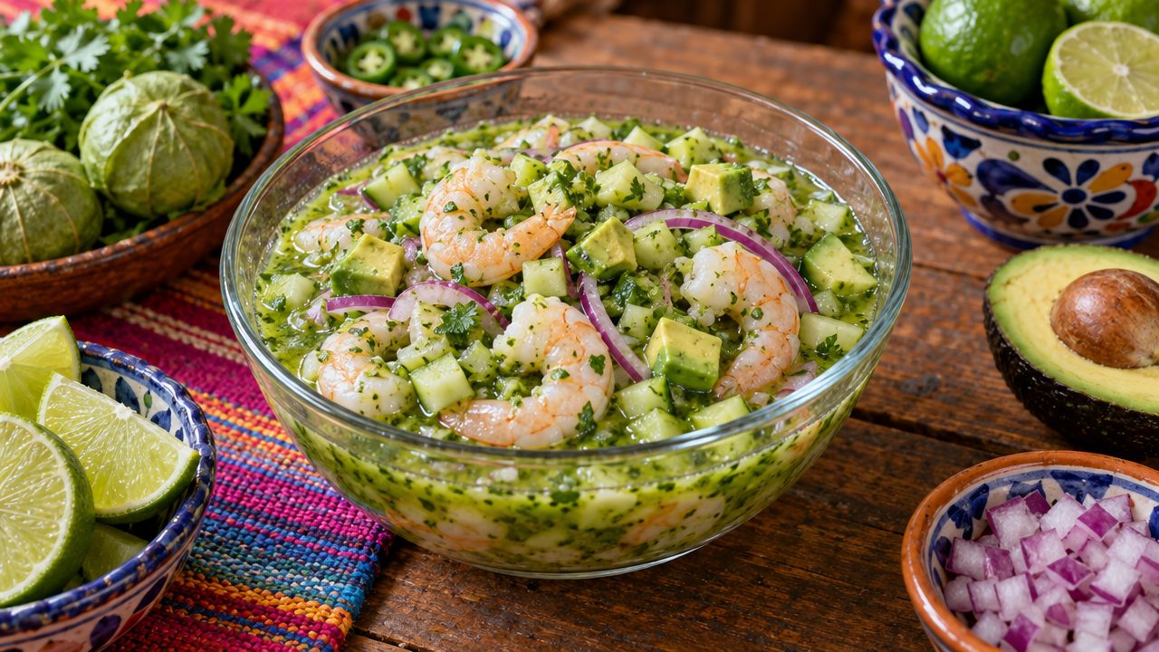 Ceviche Verde de Camarón, plated and ready to serve