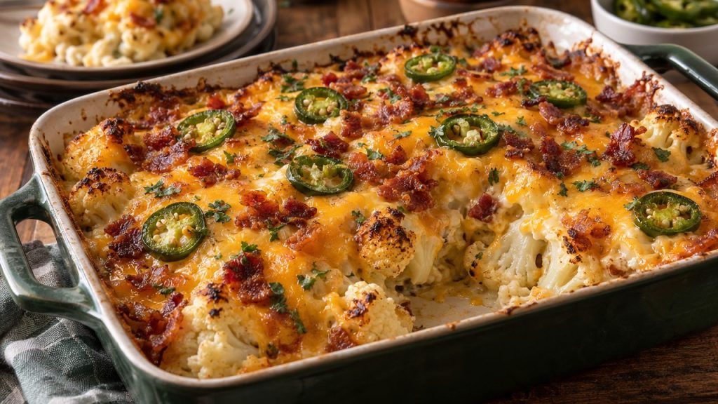 Cheesy Jalapeño Cauliflower Bake, plated and ready to serve