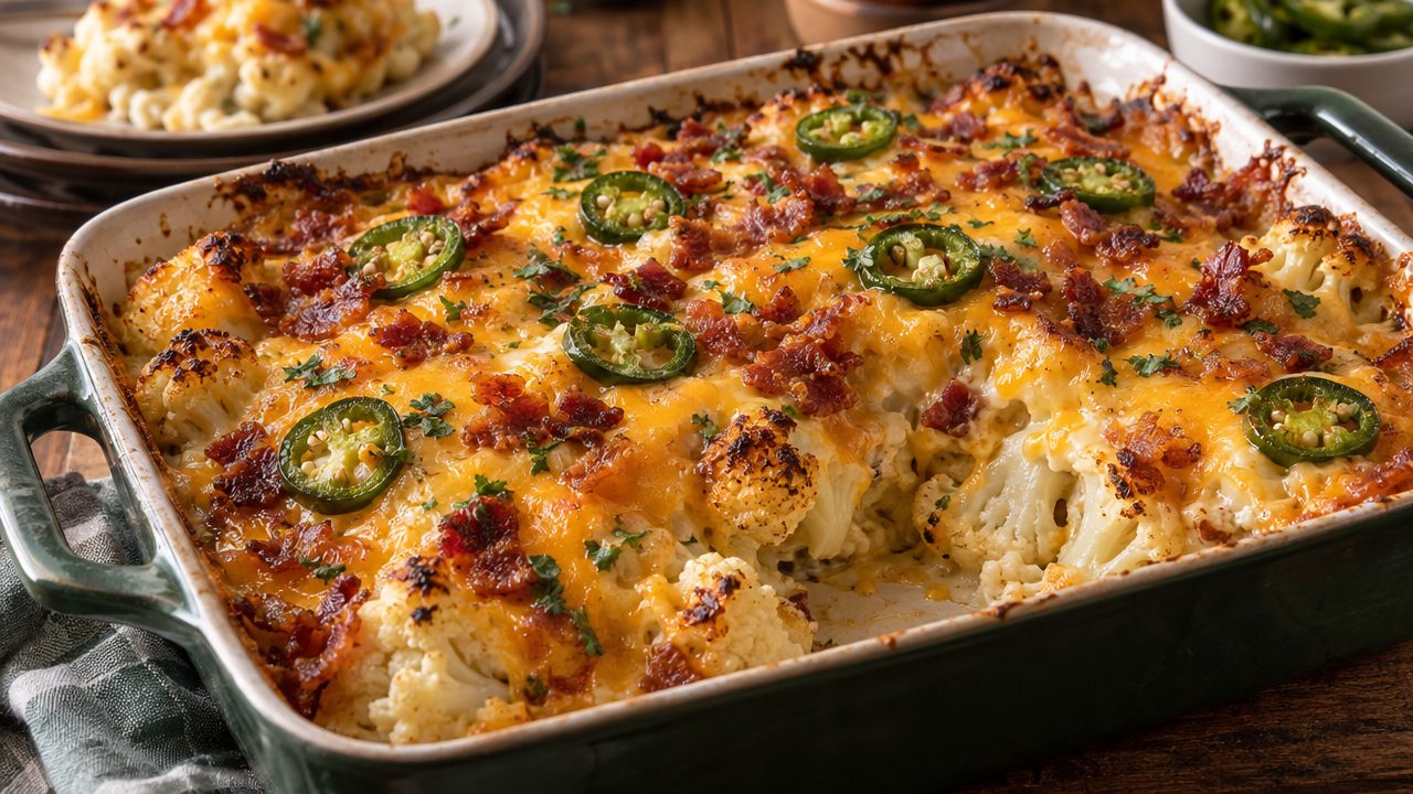 Cheesy Jalapeño Cauliflower Bake, plated and ready to serve