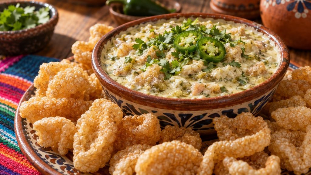 Chicharrón con Crema (Pork Rind Dip), plated and ready to serve