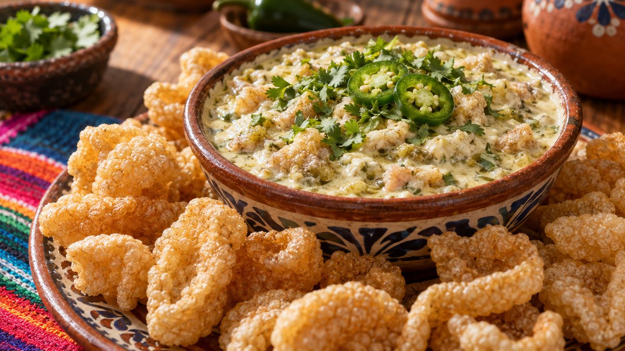 Chicharrón con Crema (Pork Rind Dip), plated and ready to serve