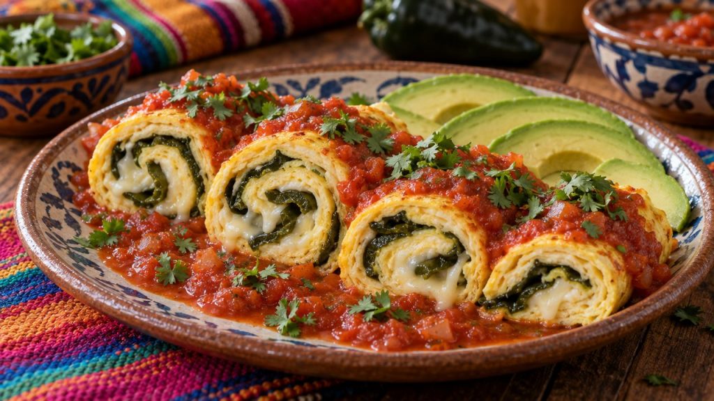 Chile Relleno Omelet Roll-Ups, plated and ready to serve
