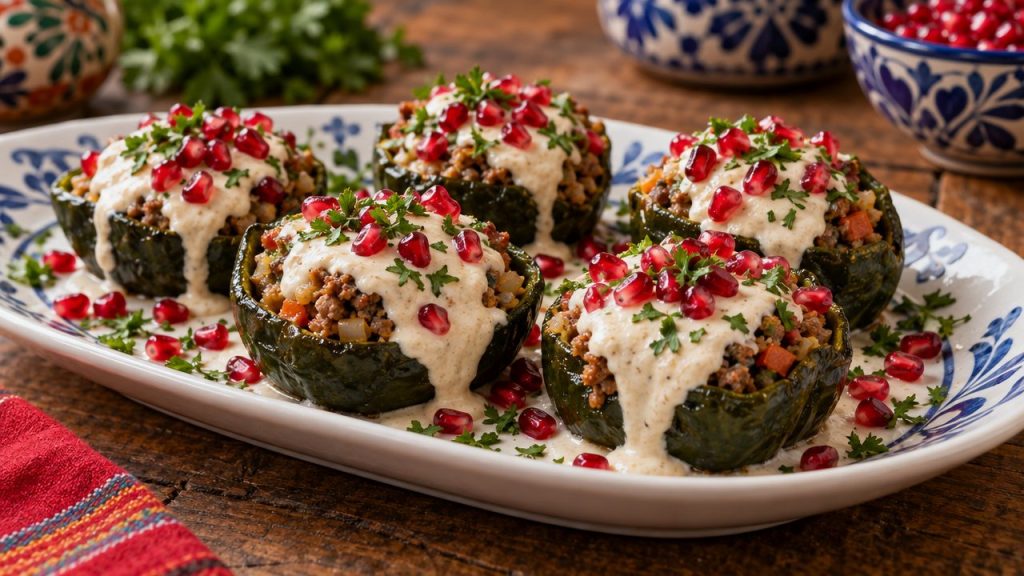 Chiles en Nogada Cups, plated and ready to serve