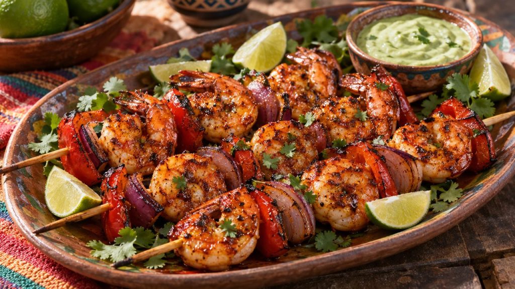 Chipotle-Lime Shrimp Skewers, plated and ready to serve