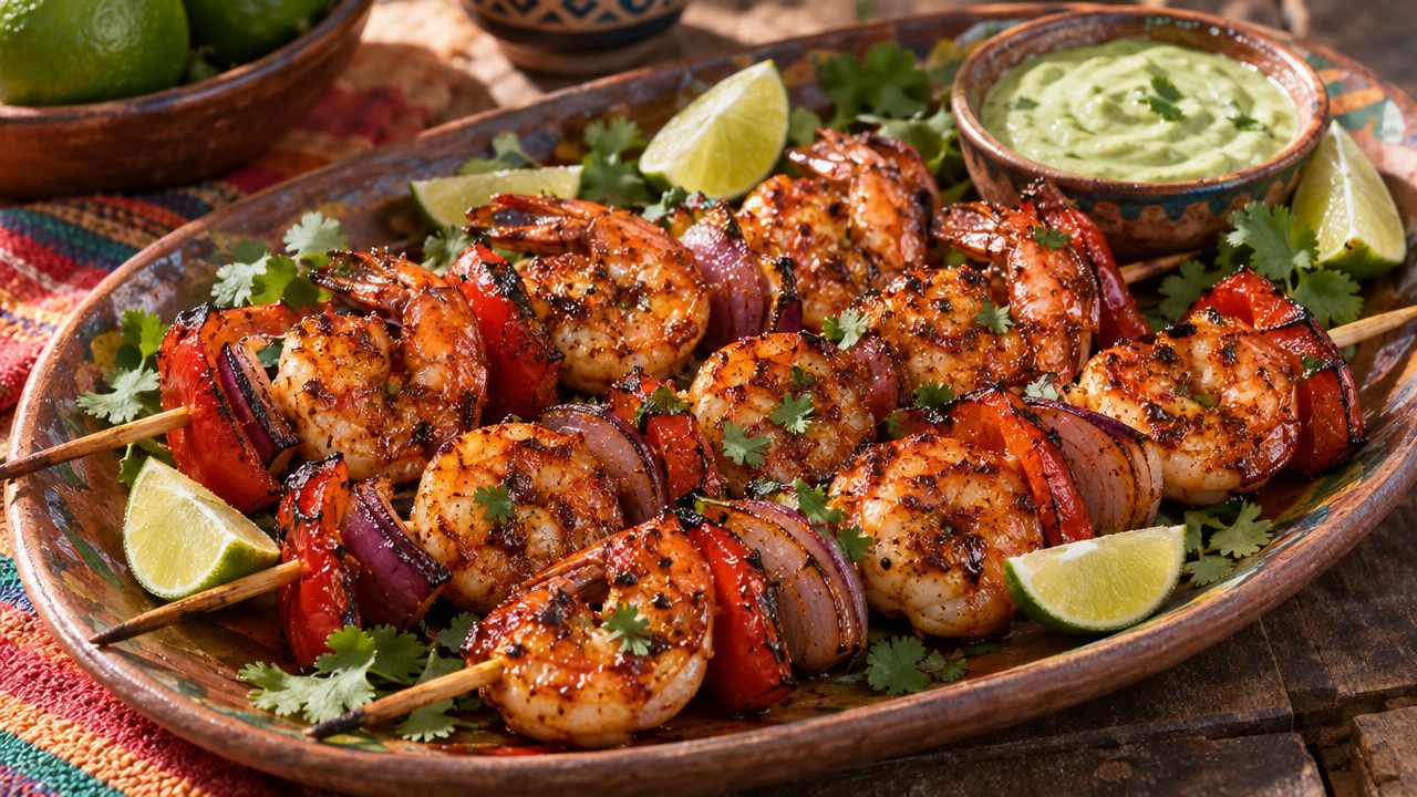 Chipotle-Lime Shrimp Skewers, plated and ready to serve