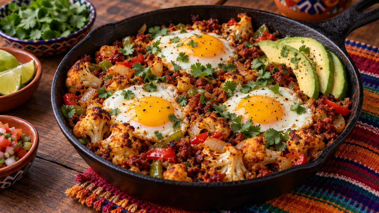 Chorizo Cauliflower Hash with Fried Eggs, plated and ready to serve