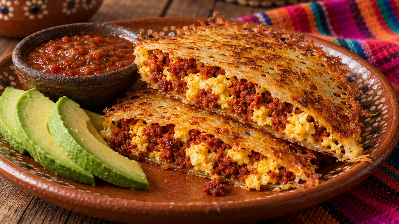 Chorizo & Egg Cheese-Shell Quesadillas, plated and ready to serve