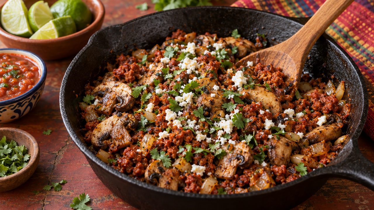 Chorizo & Mushroom Sauté, plated and ready to serve