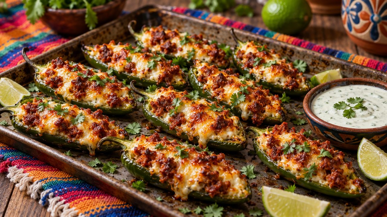 Chorizo-Stuffed Jalapeño Poppers, plated and ready to serve