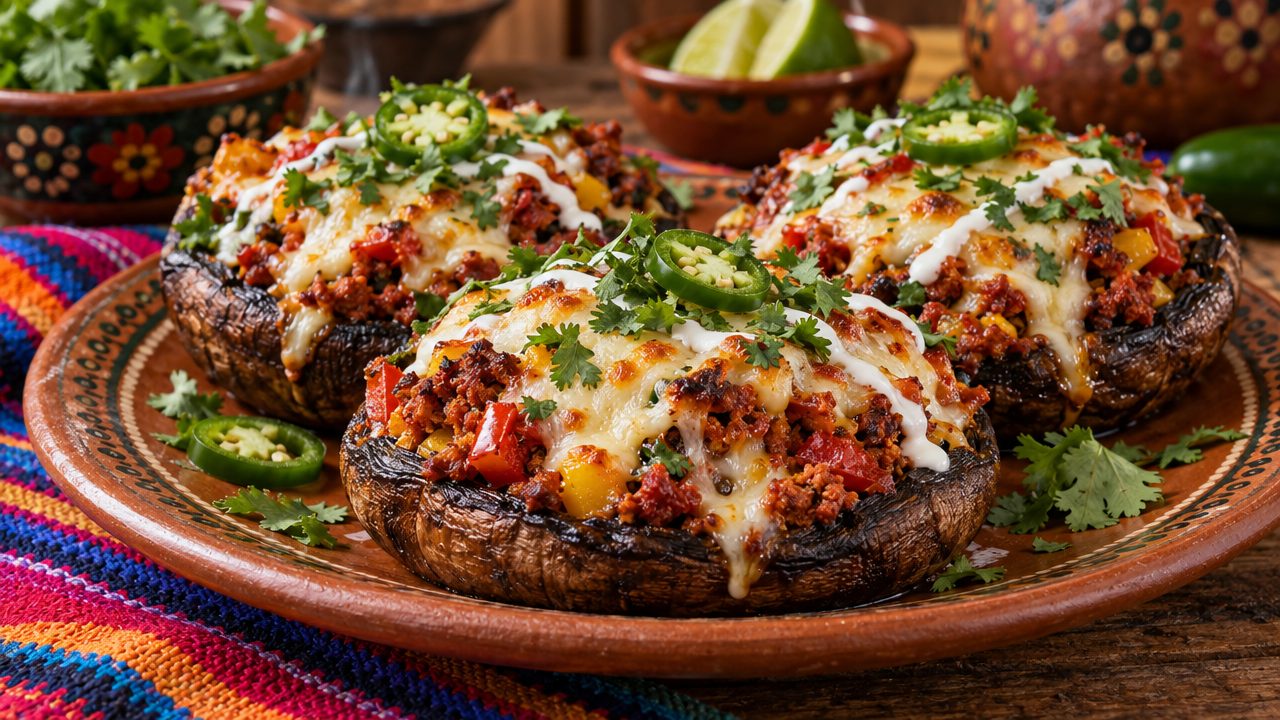 Chorizo-Stuffed Portobello Mushrooms, plated and ready to serve