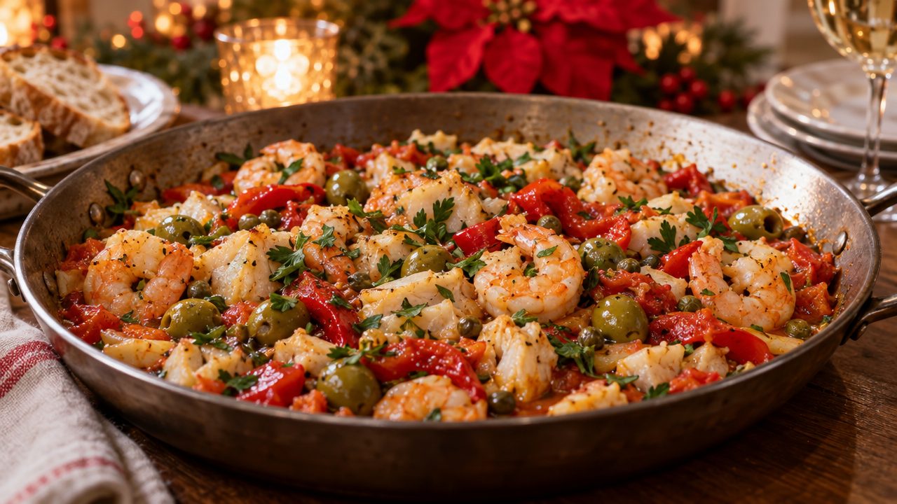Christmas-Eve Shrimp & Bacalao Stir-Fry, plated and ready to serve