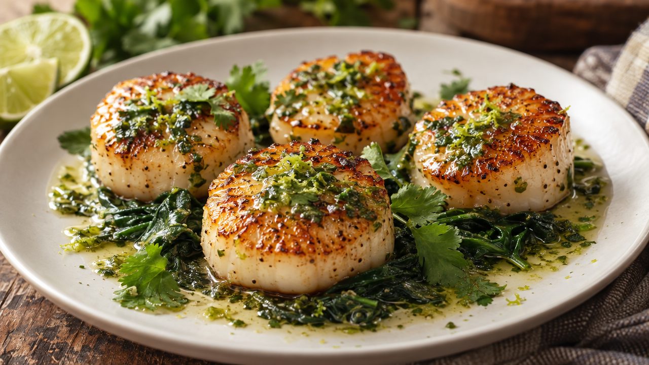 Cilantro-Butter Seared Scallops, plated and ready to serve