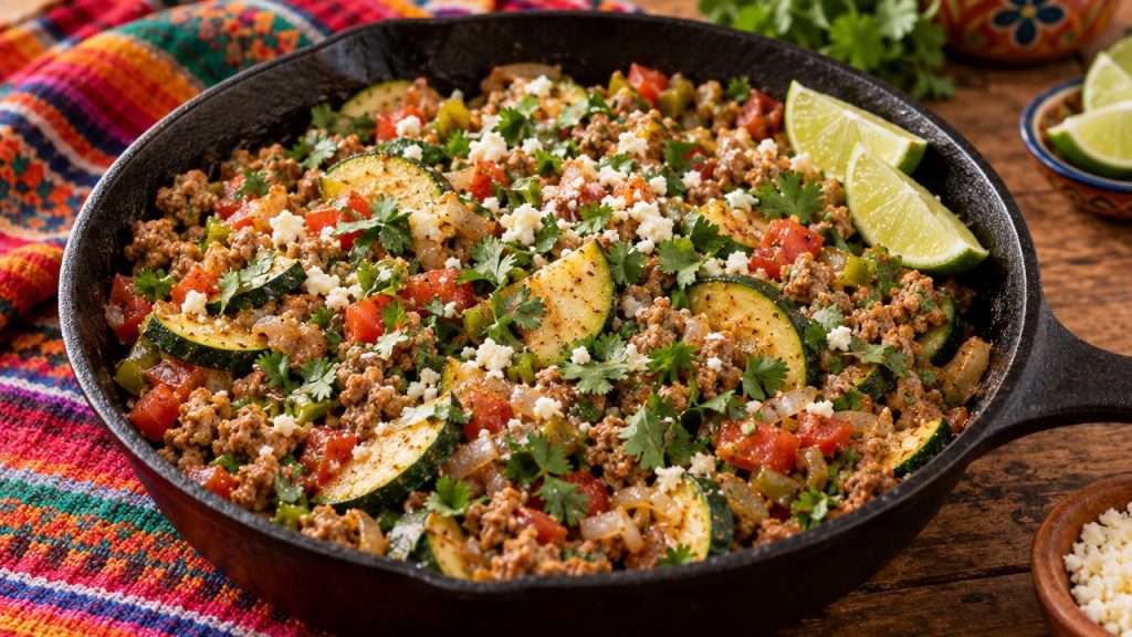 Cilantro-Lime Turkey Zucchini Skillet, plated and ready to serve