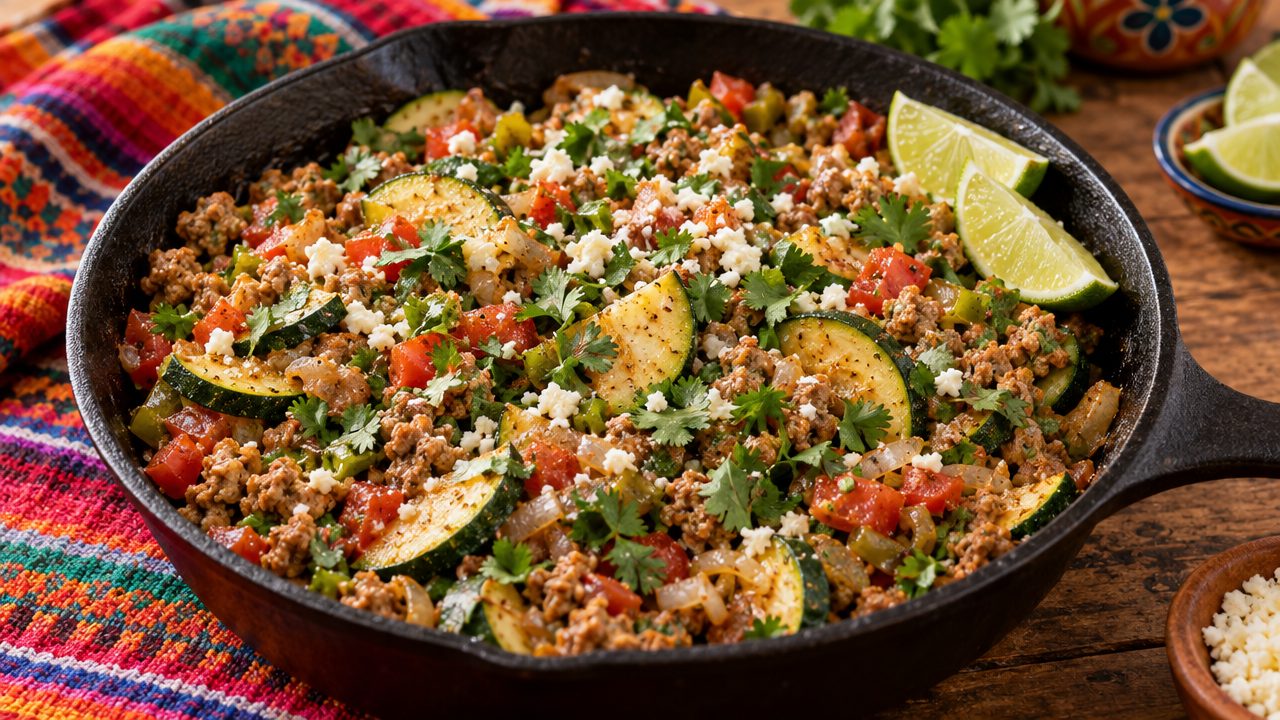 Cilantro-Lime Turkey Zucchini Skillet, plated and ready to serve