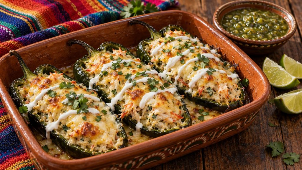 Crab & Cheese Stuffed Poblano Boats, plated and ready to serve