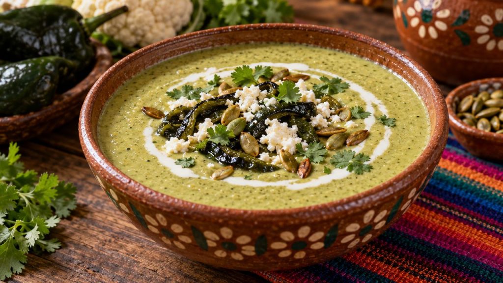 Creamy Roasted Poblano-Cauliflower Soup, plated and ready to serve