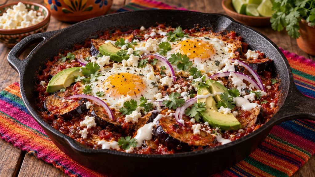 Eggplant Chilaquiles, plated and ready to serve