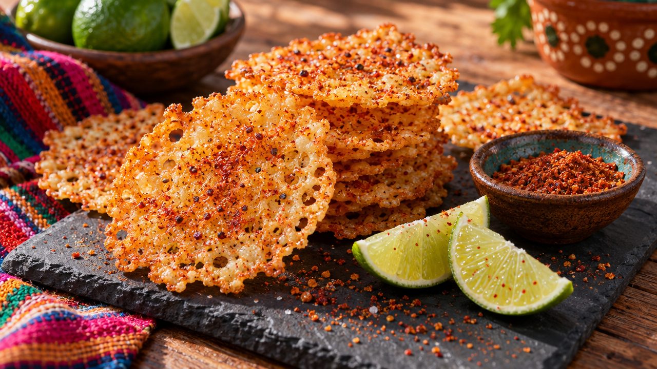 Fried Cheese Crisps with Tajín, plated and ready to serve