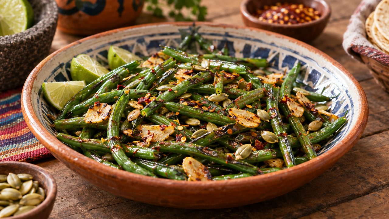 Garlic-Chili Green Beans, plated and ready to serve
