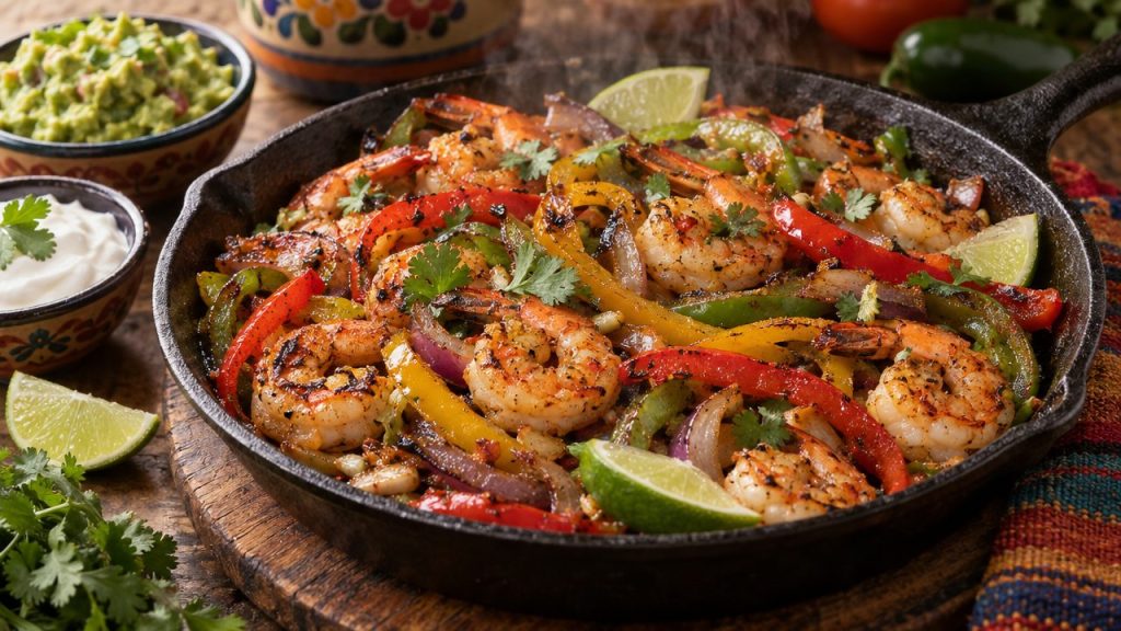 Garlic-Lime Shrimp Fajita Skillet, plated and ready to serve