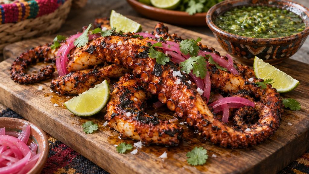 Grilled Achiote Octopus Tentacles, plated and ready to serve