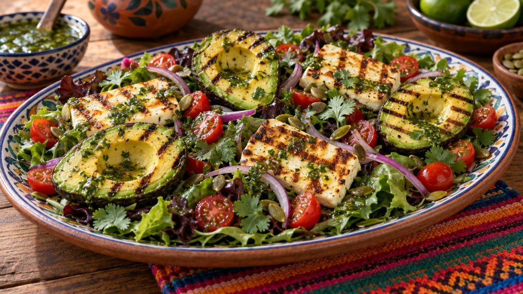Grilled Avocado & Queso Blanco Salad, plated and ready to serve