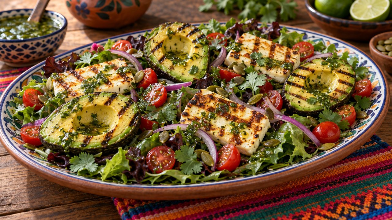 Grilled Avocado & Queso Blanco Salad, plated and ready to serve