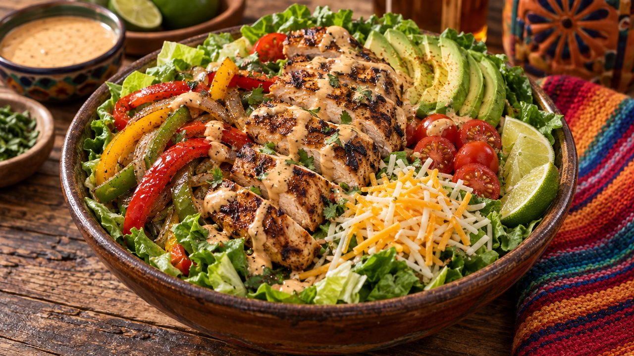 Grilled Chicken Fajita Salad Bowl, plated and ready to serve