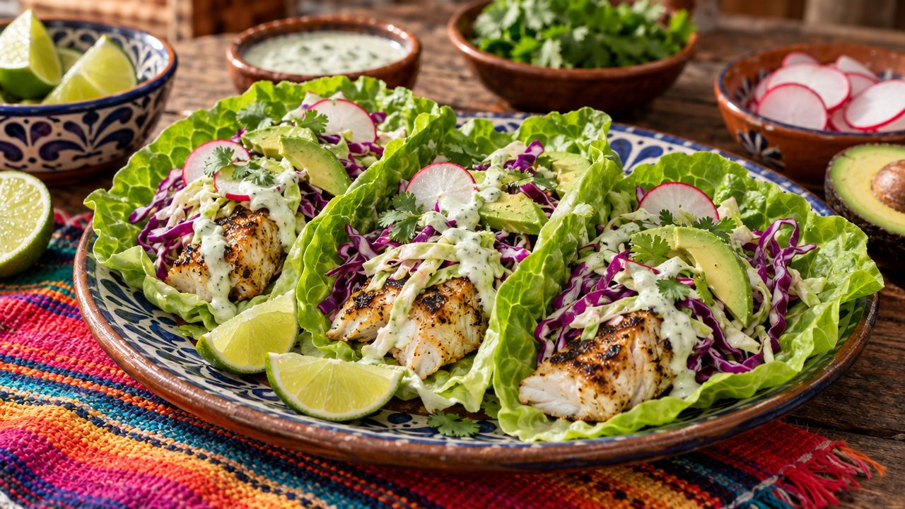 Grilled Fish Tacos with Cabbage Slaw, plated and ready to serve
