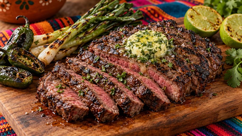 Grilled Steak with Cilantro-Lime Butter, plated and ready to serve
