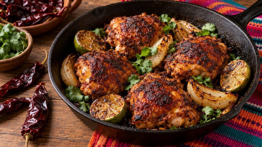 Guajillo-Rubbed Chicken Thighs, plated and ready to serve