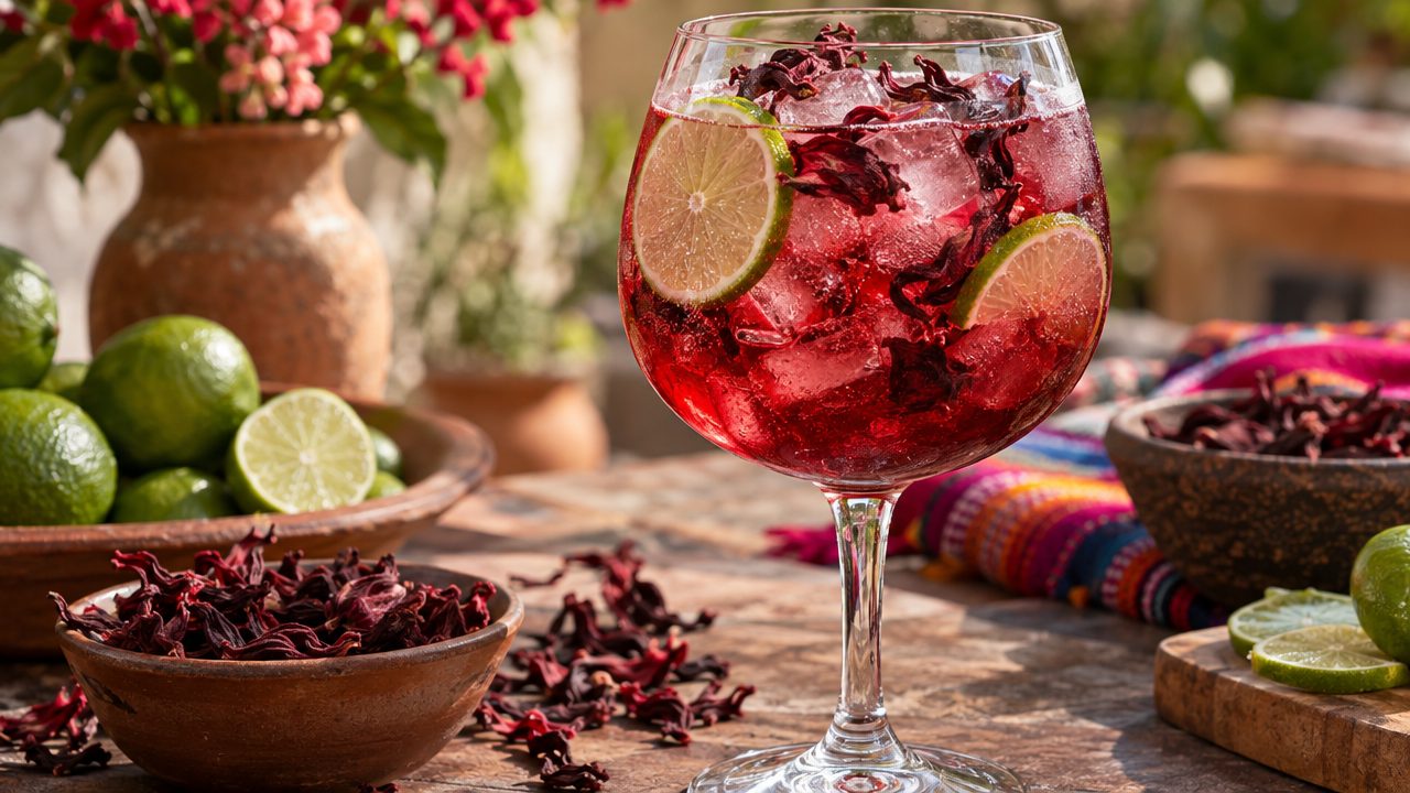 Hibiscus-Lime Gin & Tonic, plated and ready to serve