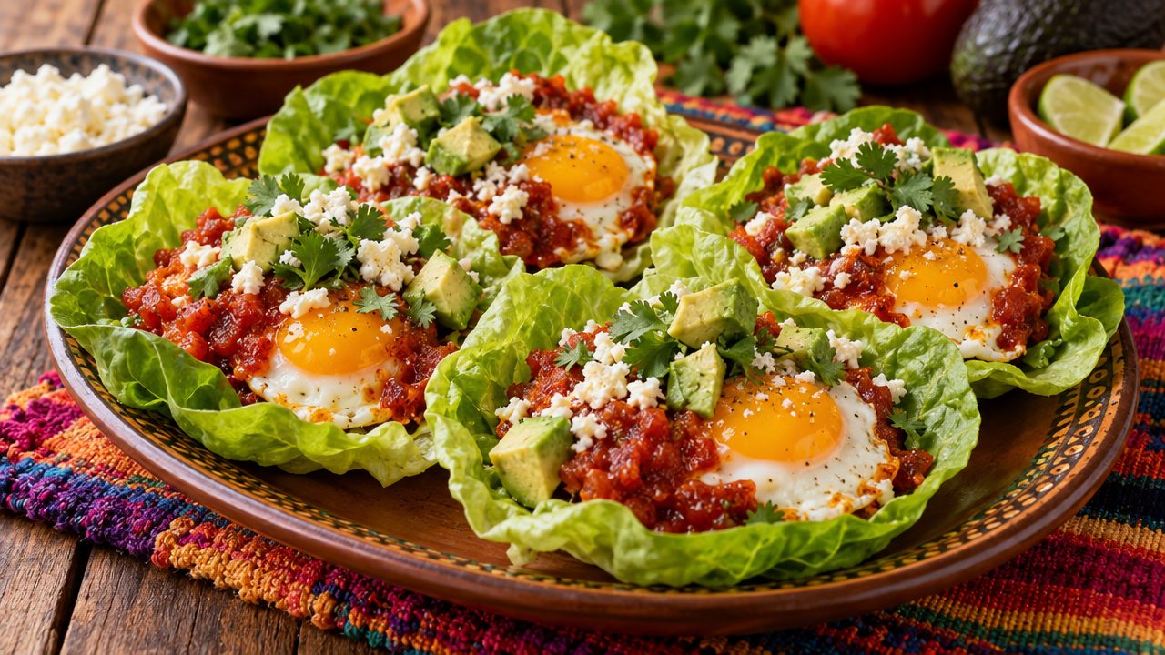 Huevos Rancheros Lettuce Cups, plated and ready to serve