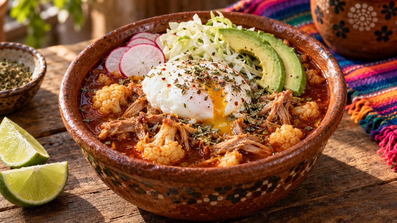 Instant-Pot Cauliflower Breakfast Pozole, plated and ready to serve