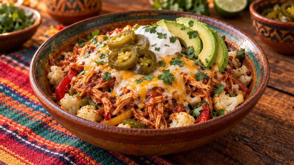 Instant Pot Chicken Enchilada Bowl, plated and ready to serve